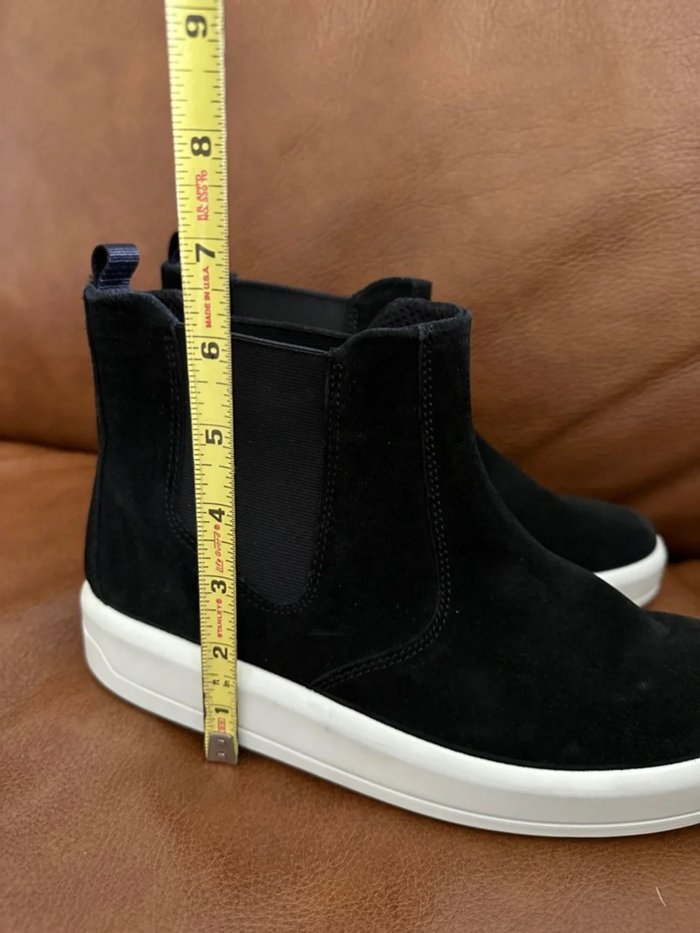 Ecco EU 38 Black Suede Chelsea Bootie with White Sole